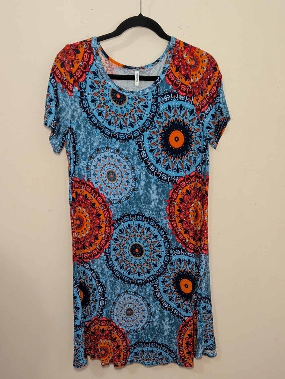 Popyoung Mandala T-Shirt Swing Dress Blue Orange Red Comfy Women's Size L